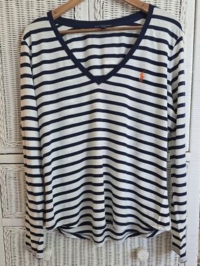 Ralph Lauren Navy and White Striped V-Neck Long Sleeve Top with Orange Polo Pony